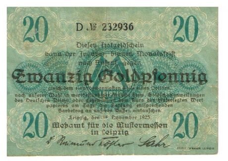 Аверс банкноты 20 золотых пфеннингов Meßamt für die Mustermessen in Leipzig (Германия) 1923 года
