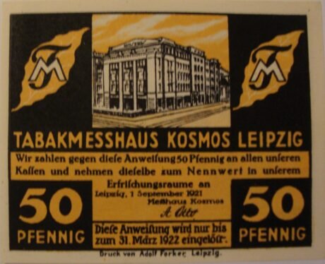 Аверс банкноты 50 fenigów Tabakmesshaus Kosmos (Niemcy) 1921