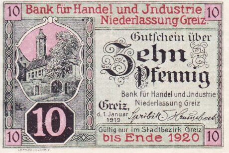 Аверс банкноты 10 fenigów Bank für Handel und Industrie (Niemcy) 1919