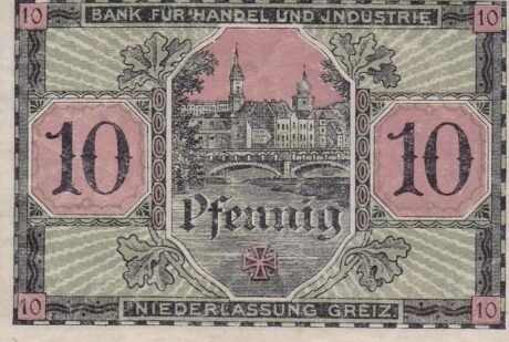 Реверс банкноты 10 fenigów Bank für Handel und Industrie (Niemcy) 1919