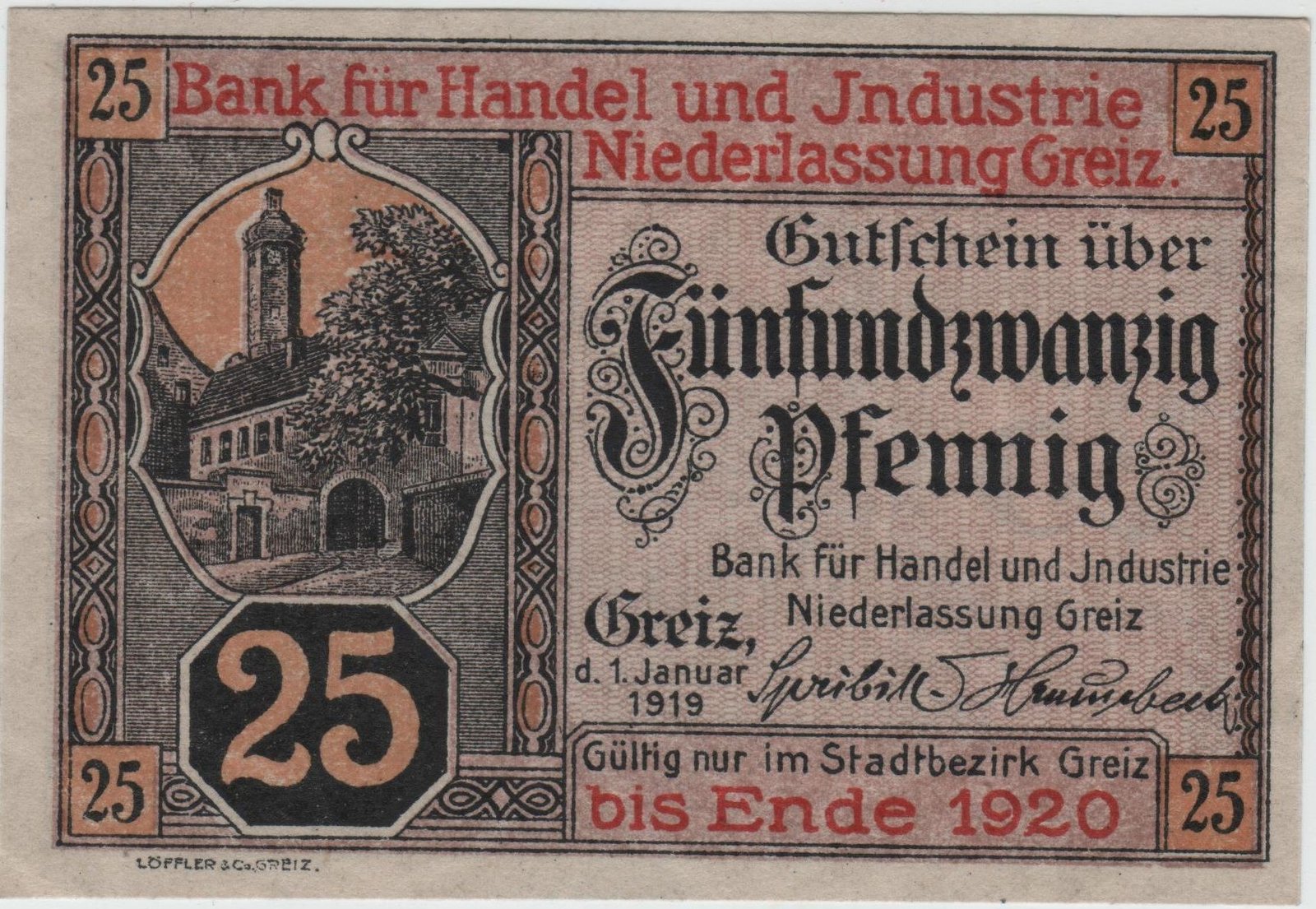 Аверс банкноты 25 пфеннигов Bank für Handel und Industrie (Германия) 1919 года