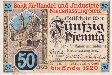 Аверс банкноты 50 fenigów Bank für Handel und Industrie (Niemcy) 1919