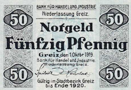 Аверс банкноты 50 fenigów Bank für Handel und Industrie (Niemcy) 1919