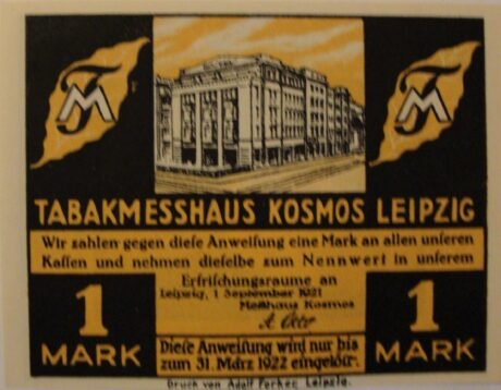 Аверс банкноты 1 znaczek Tabakmesshaus Kosmos (Niemcy) 1921