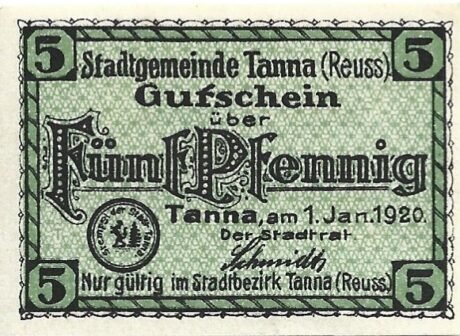 Аверс банкноты 5 fenigów (Niemcy) 1920