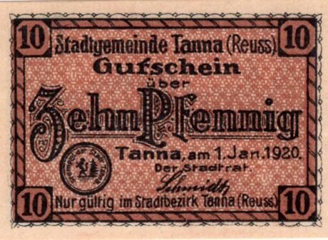 Аверс банкноты 10 fenigów (Niemcy) 1920