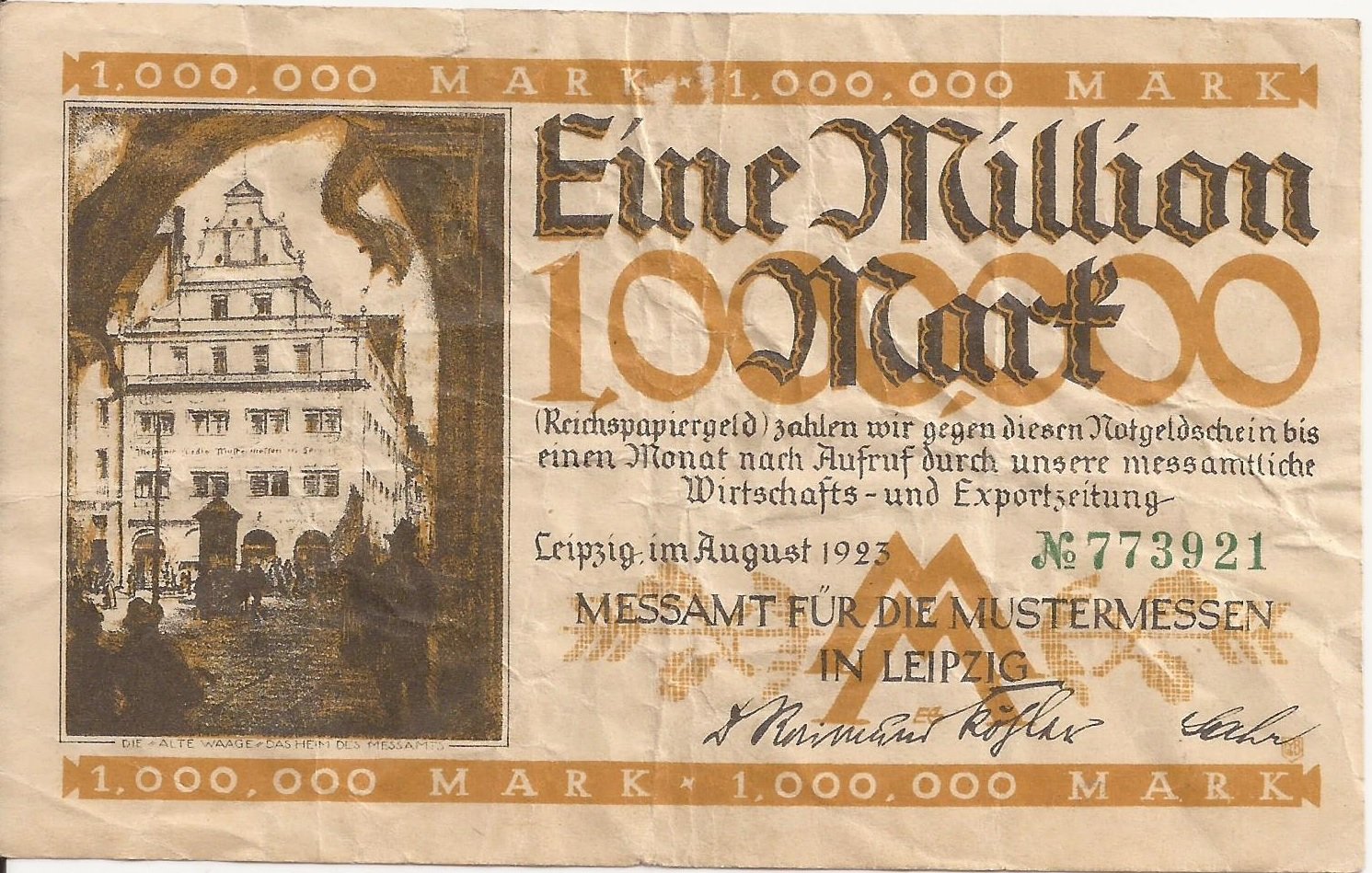 Аверс банкноты 1000000 марок Messamt für die Mustermessen in Leipzig (Германия) 1923 года