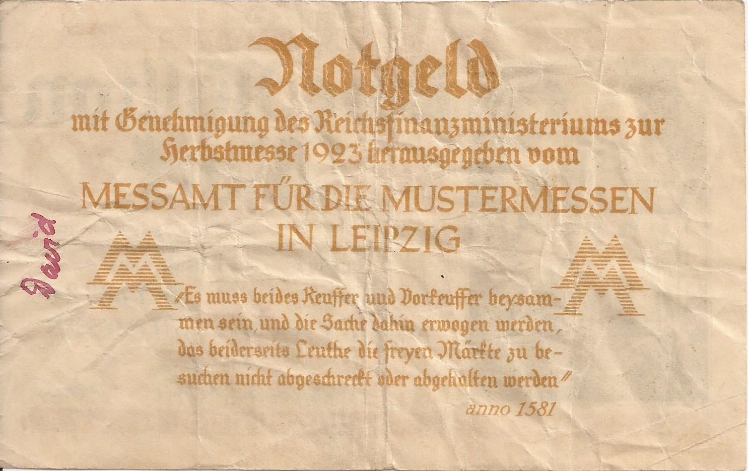 Реверс банкноты 1000000 марок Messamt für die Mustermessen in Leipzig (Германия) 1923 года