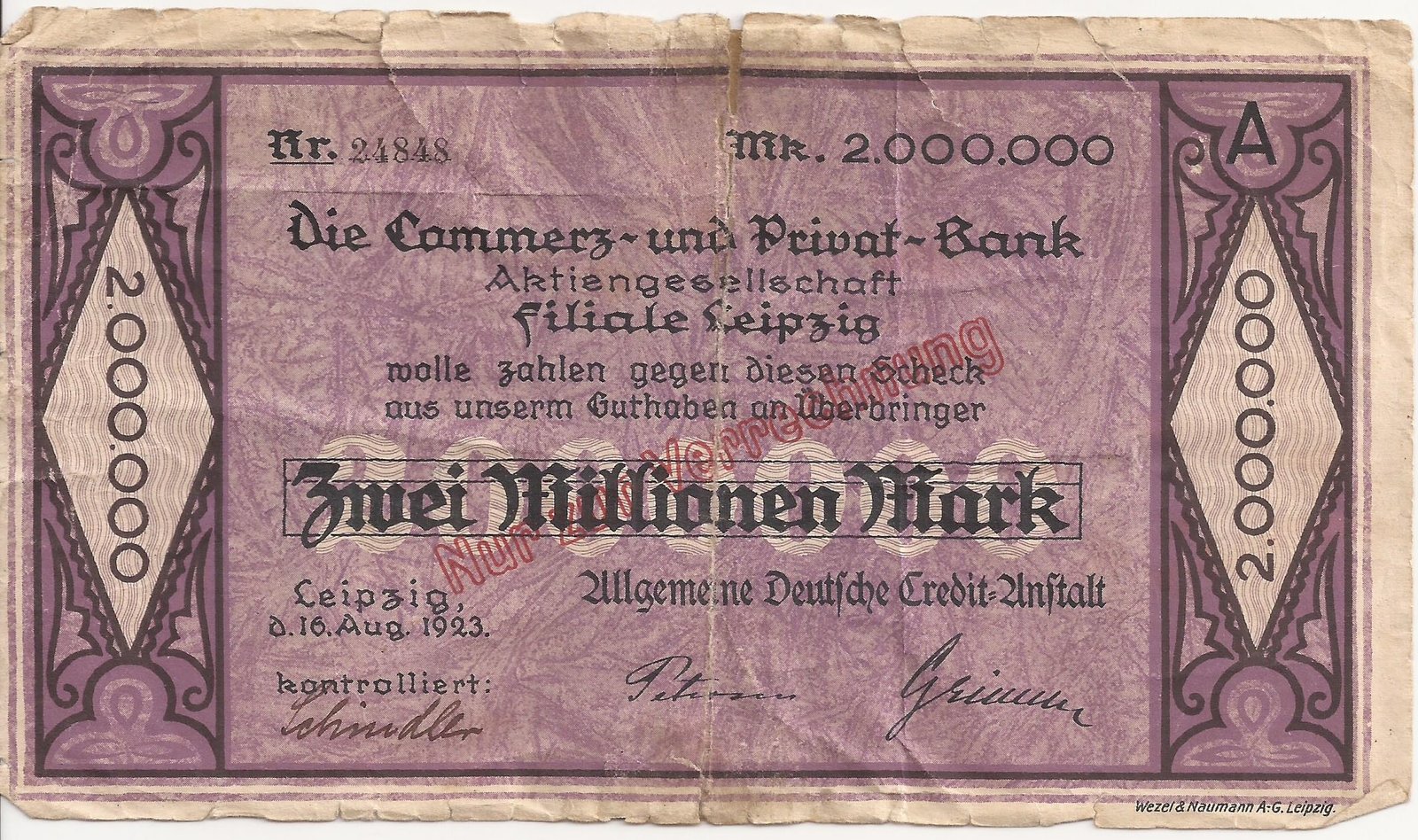 Аверс банкноты 2000000 марок Allgemeine Deutsche Credit-Anstalt (Германия) 1923 года