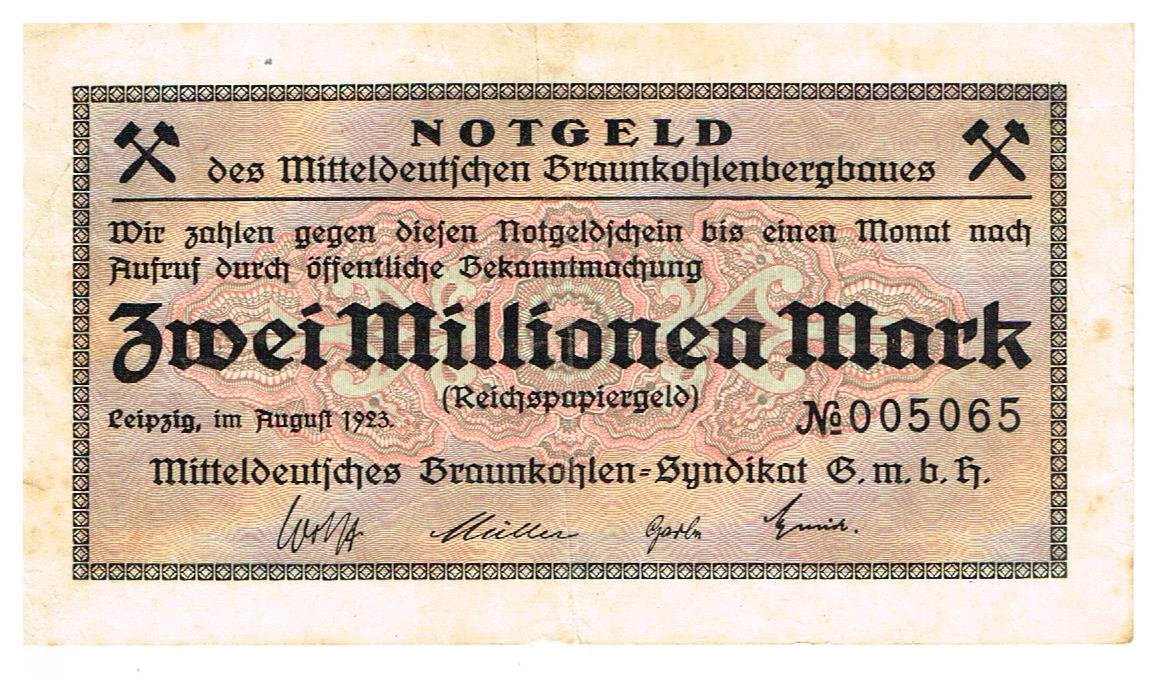 Аверс банкноты 2000000 марок Mitteldeutsches Braunkohlen-Syndikat (Германия) 1923 года