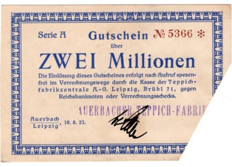 Аверс банкноты 2000000 марок Teppichfabrikzentrale (Германия) 1923 года