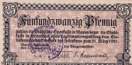 Аверс банкноты 25 fenigów Mayen i Andernach (Niemcy) 1919