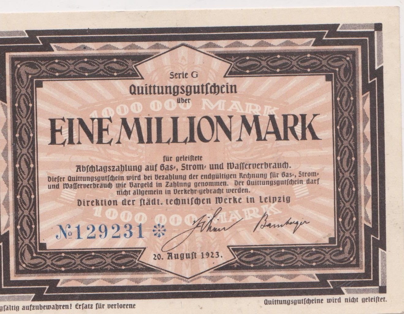 Аверс банкноты 1000000 марок Städtische technische Werke (Германия) 1923 года