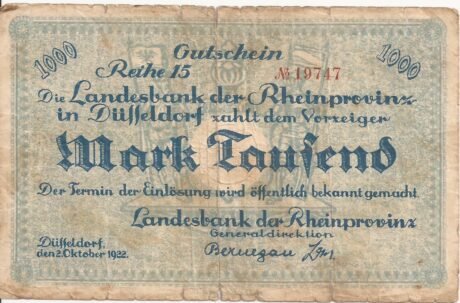 Аверс банкноты 1000 марок Landesbank der Rheinprovinz (Германия) 1922 года