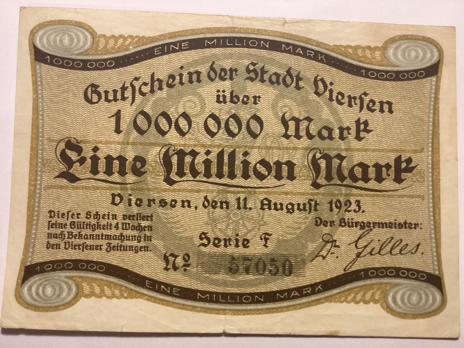 Аверс банкноты 1000000 марок Viersen (Германия) 1923 года