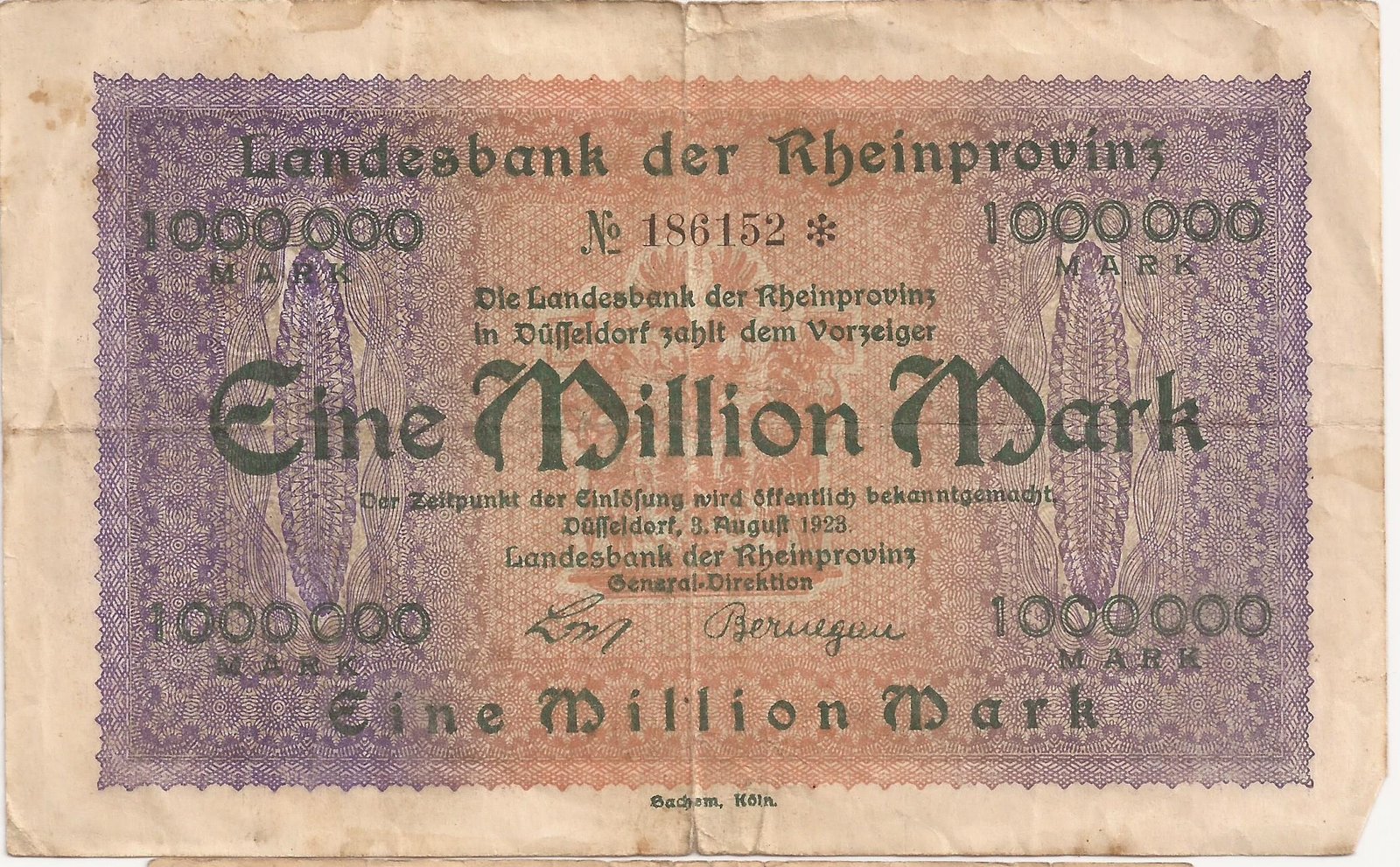 Аверс банкноты 1000000 марок Landesbank der Rheinprovinz (Германия) 1923 года