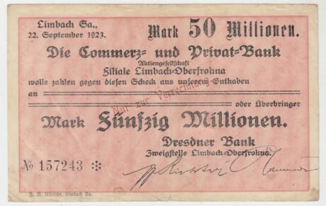 Аверс банкноты 50000000 марок Dresdner Bank (Германия) 1923 года