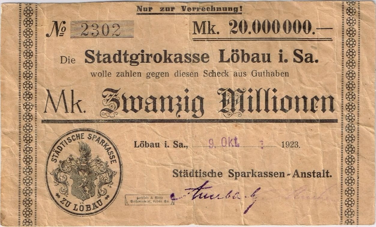 Аверс банкноты 20000000 марок (Германия) 1923 года