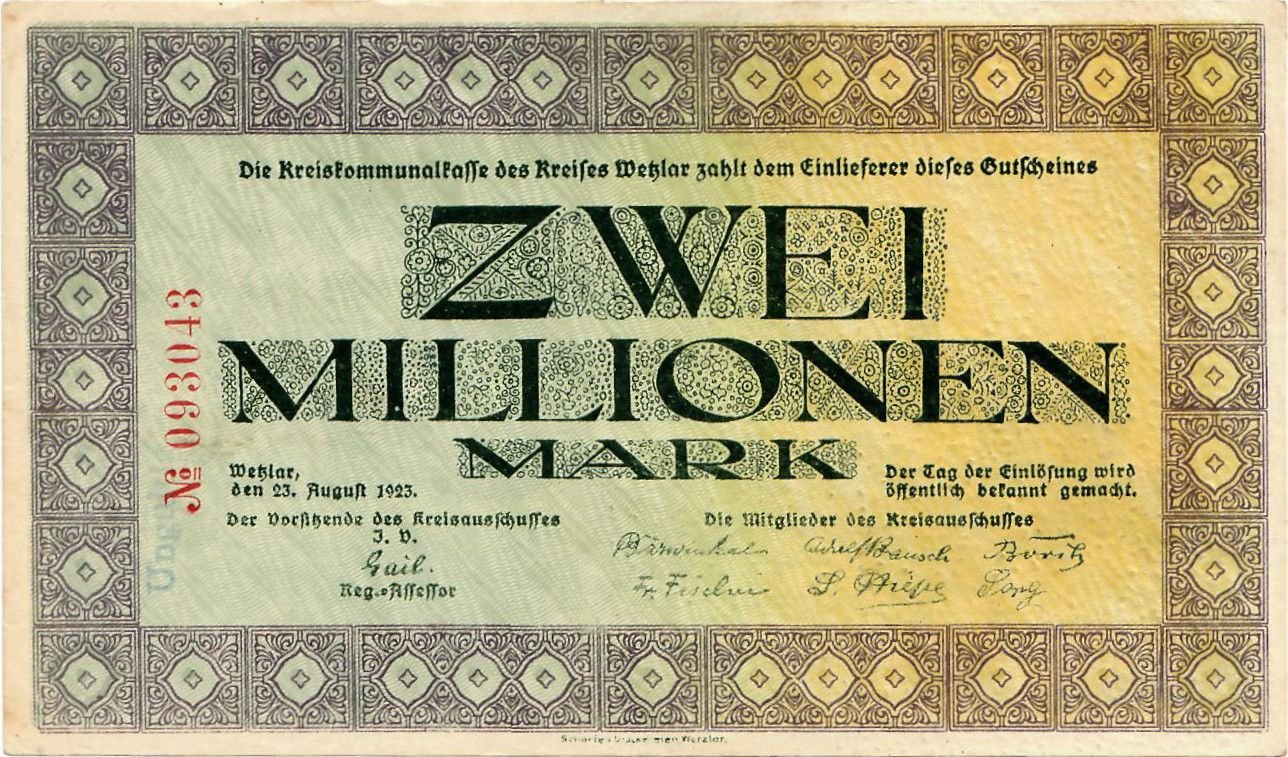 Аверс банкноты 2000000 марок Kreis Wetzlar (Германия) 1923 года