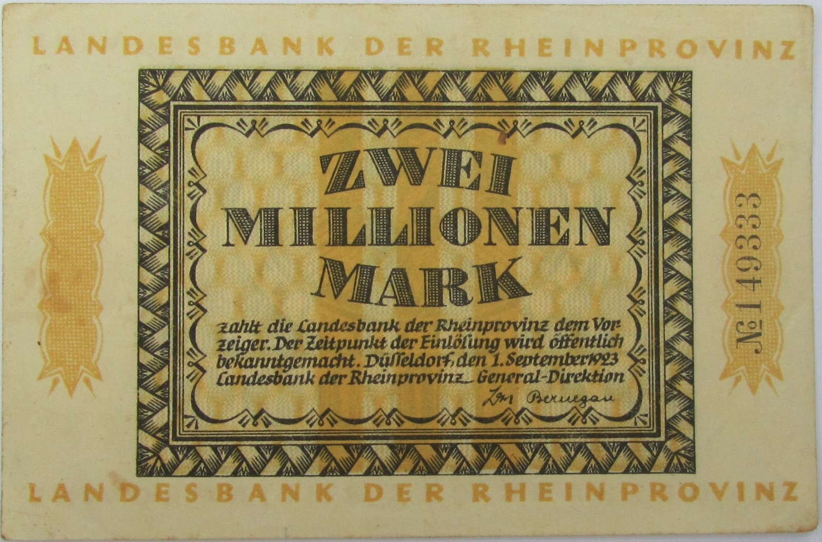 Аверс банкноты 2000000 марок Landesbank der Rheinprovinz (Германия) 1923 года