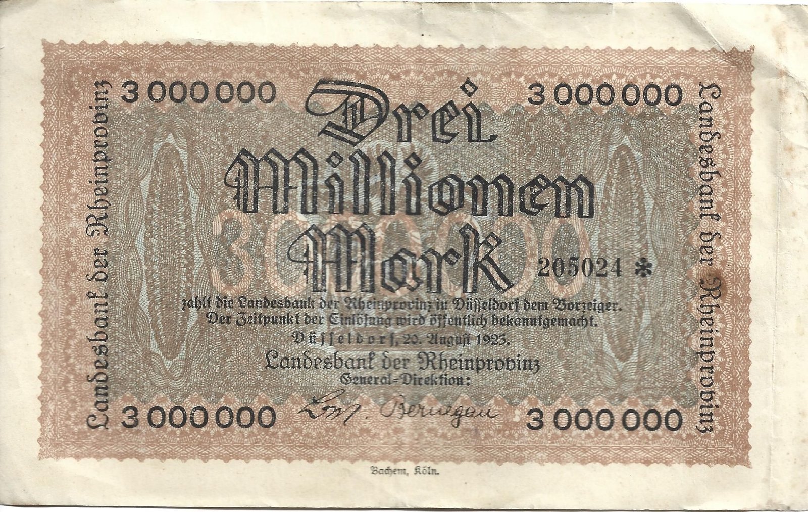 Аверс банкноты 3000000 марок Landesbank der Rheinprovinz (Германия) 1923 года