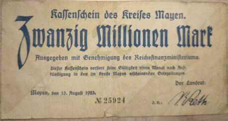 Аверс банкноты 20000000 marek Kreis Mayen (Niemcy) 1923