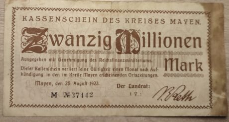 Аверс банкноты 20000000 марок Kreis Mayen (Германия) 1923 года