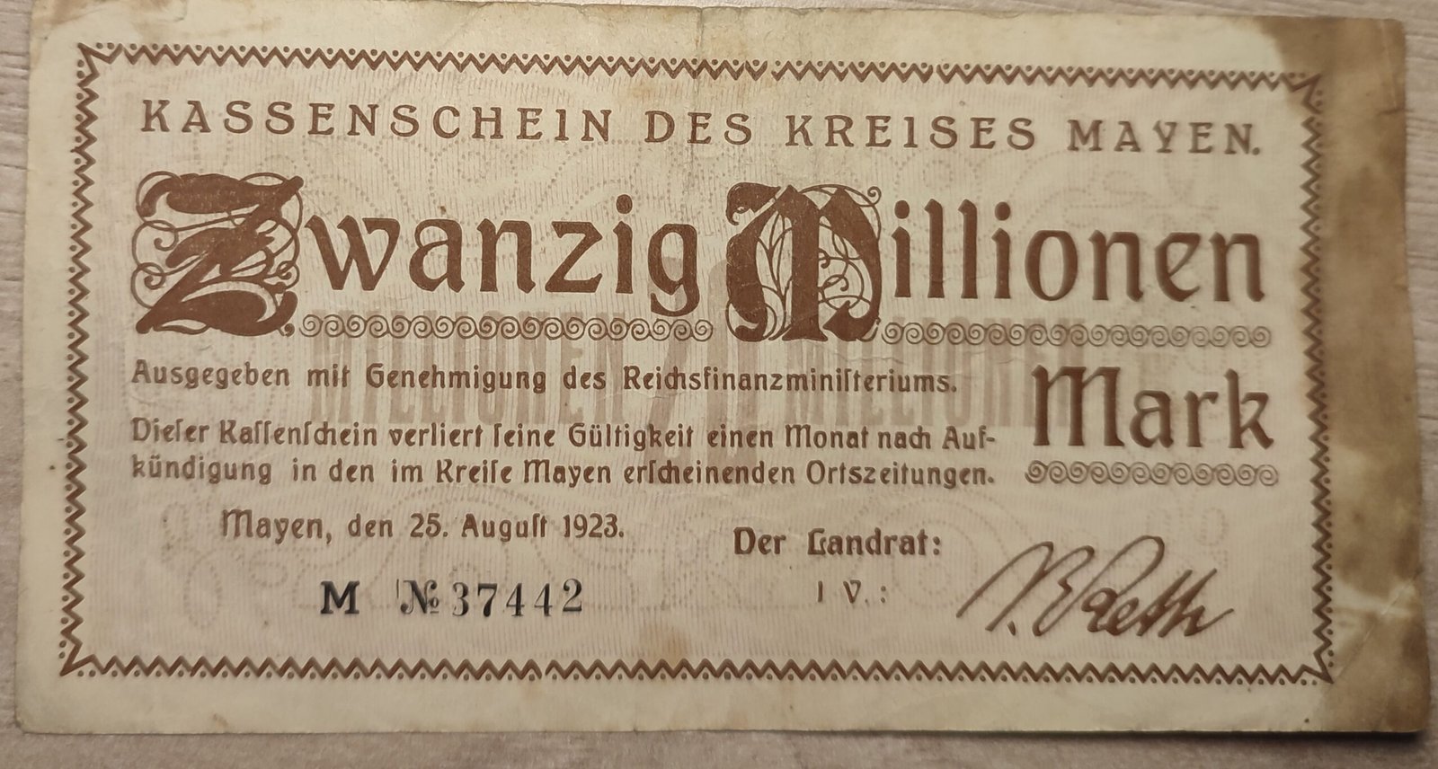 Аверс банкноты 20000000 марок Kreis Mayen (Германия) 1923 года