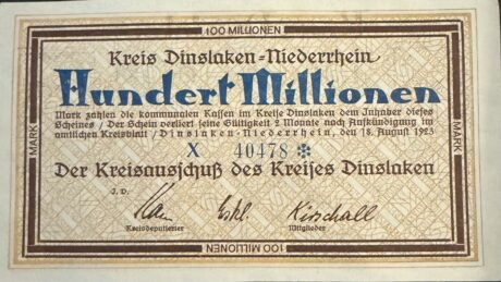 Аверс банкноты 100 000 000 marek Kreis Dinslaken (Niemcy) 1923