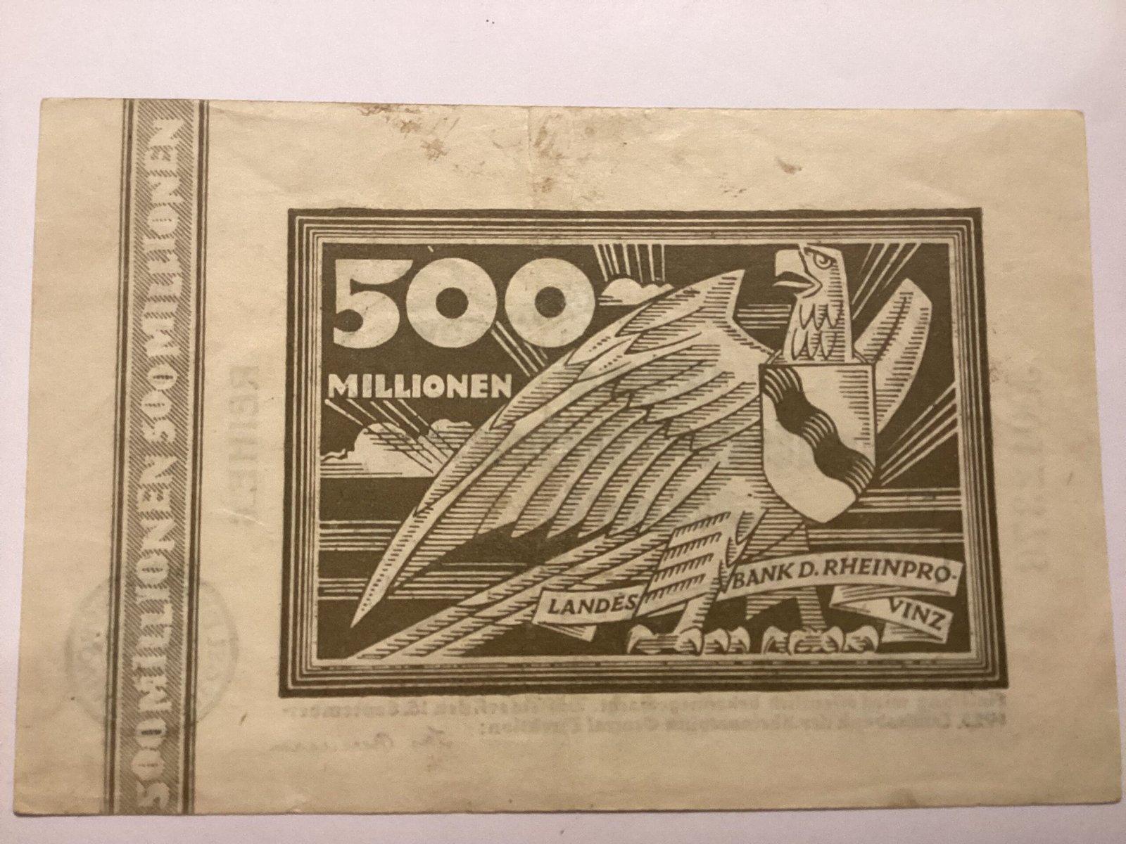 Реверс банкноты 500000000 марок Landesbank der Rheinprovinz (Германия) 1923 года