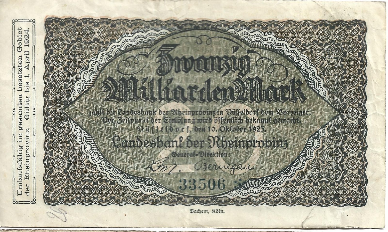 Аверс банкноты 20000000000 марок Landesbank der Rheinprovinz (Германия) 1923 года