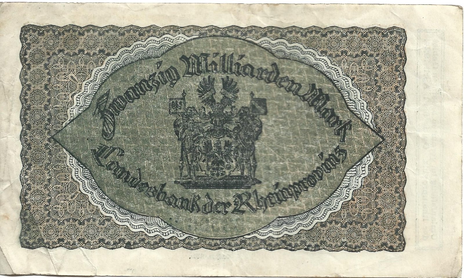 Реверс банкноты 20000000000 марок Landesbank der Rheinprovinz (Германия) 1923 года