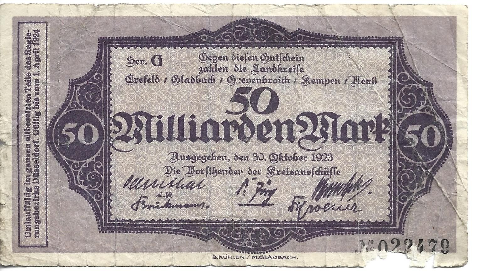 Аверс банкноты 50000000000 марок Kreise Krefeld, Gladbach, Grevenbroich, Kempen and Neuss (Германия) 1923 года