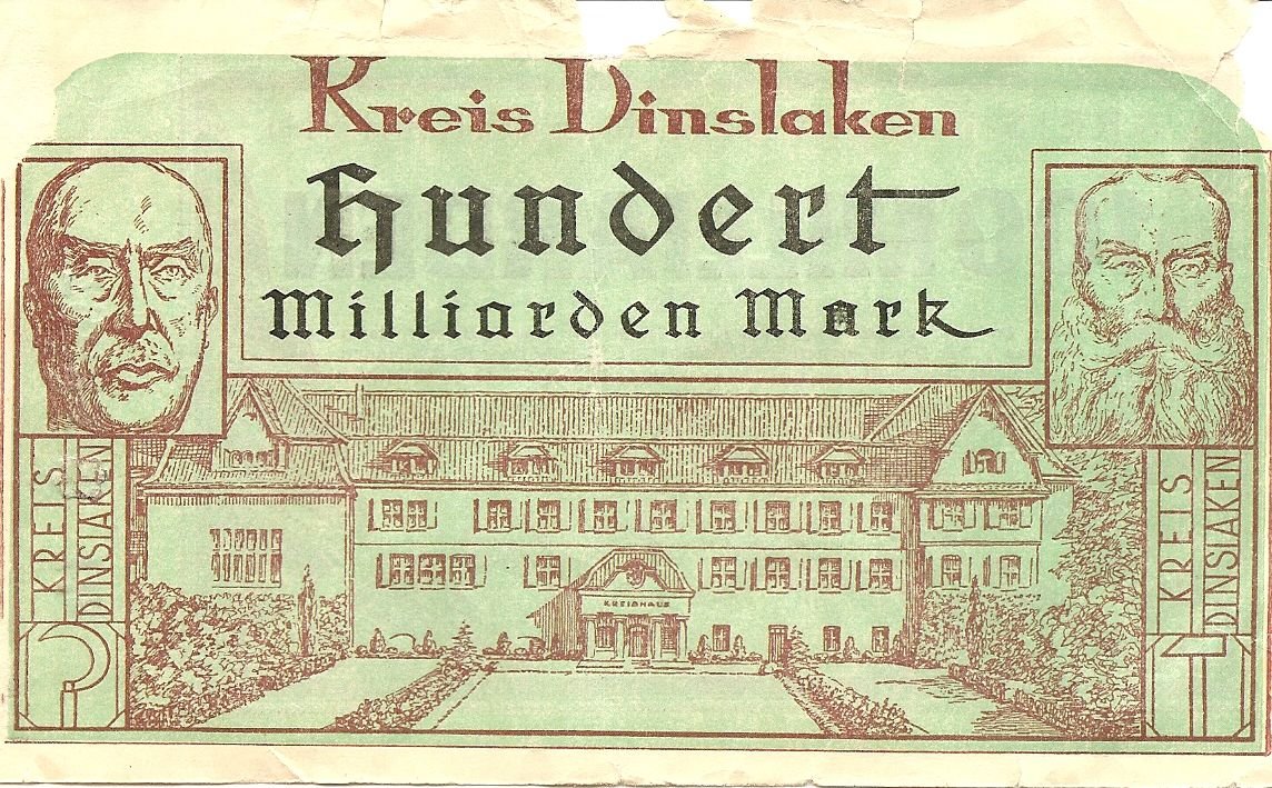 Реверс банкноты 100000000000 марок Kreis Dinslaken (Германия) 1923 года