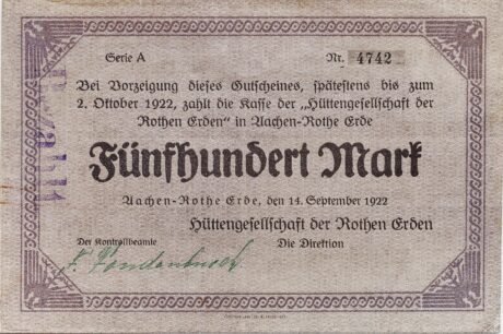 Аверс банкноты 500 marek Hüttengesellschaft der Rothen Erden (Niemcy) 1922