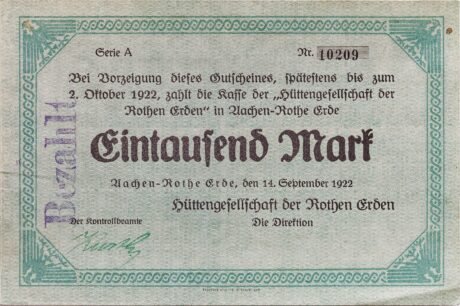 Аверс банкноты 1000 marek Hüttengesellschaft der Rothen Erden (Niemcy) 1922