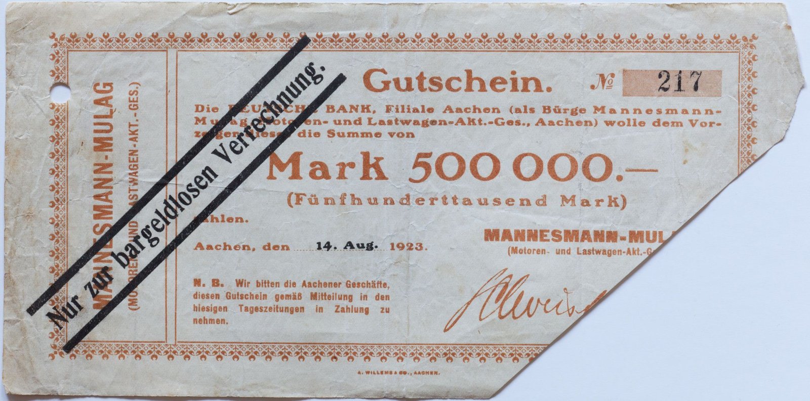 Аверс банкноты 500000 марок Mannesmann-Mulag (Германия) 1923 года