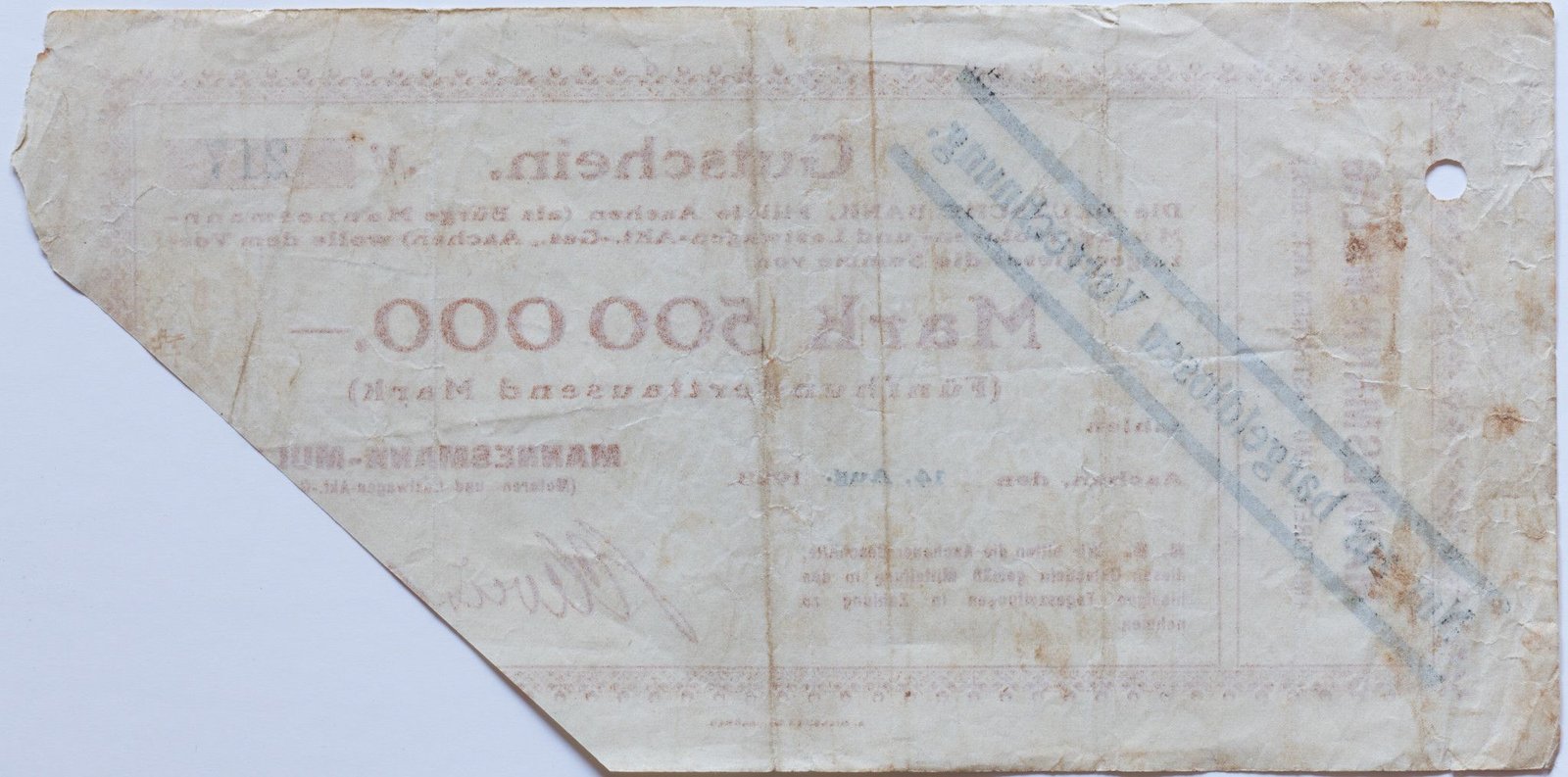 Реверс банкноты 500000 марок Mannesmann-Mulag (Германия) 1923 года