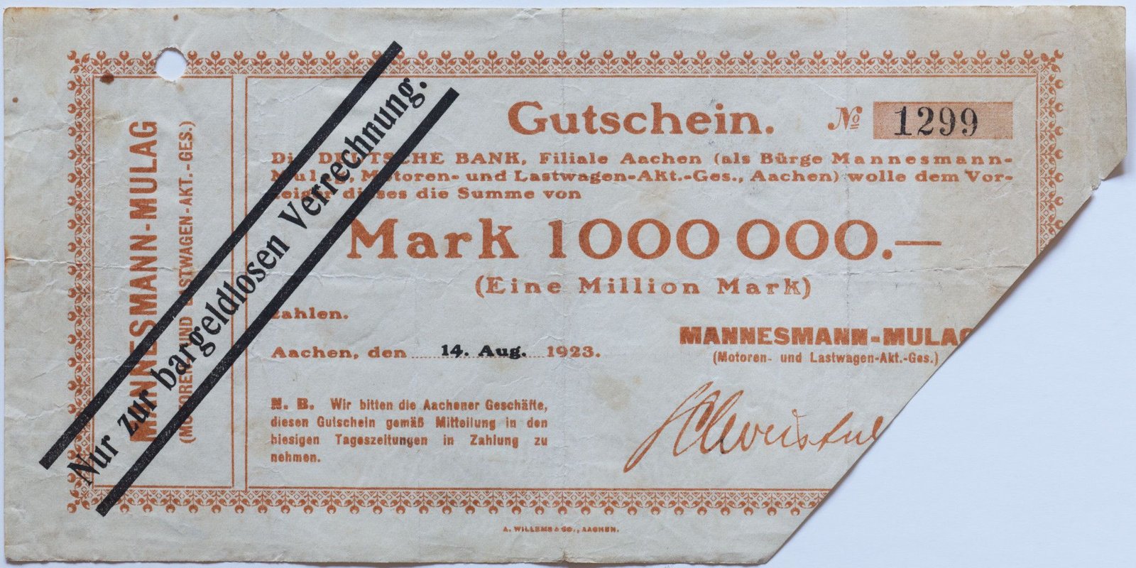 Аверс банкноты 1000000 марок Mannesmann-Mulag (Германия) 1923 года