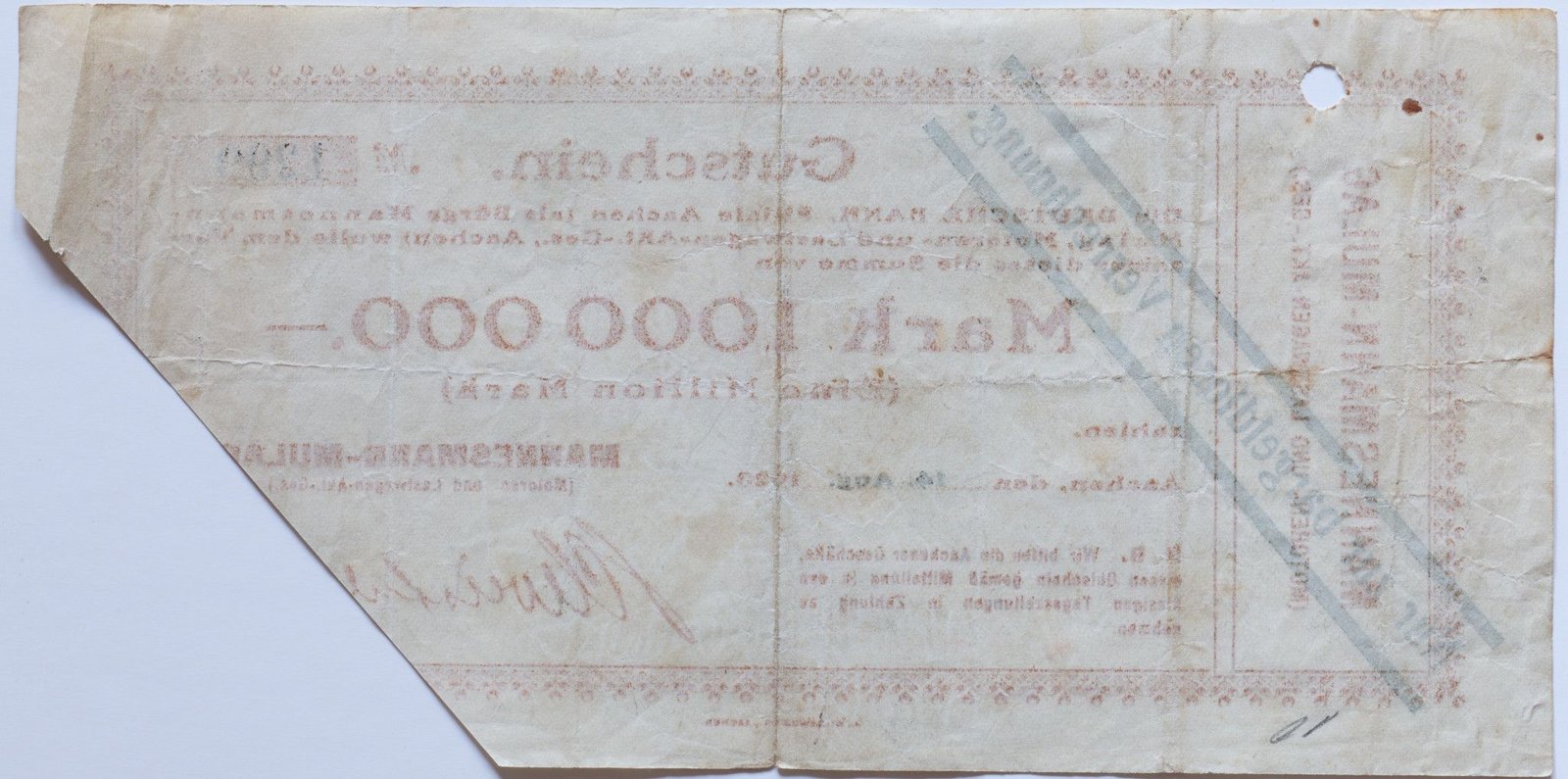 Реверс банкноты 1000000 марок Mannesmann-Mulag (Германия) 1923 года