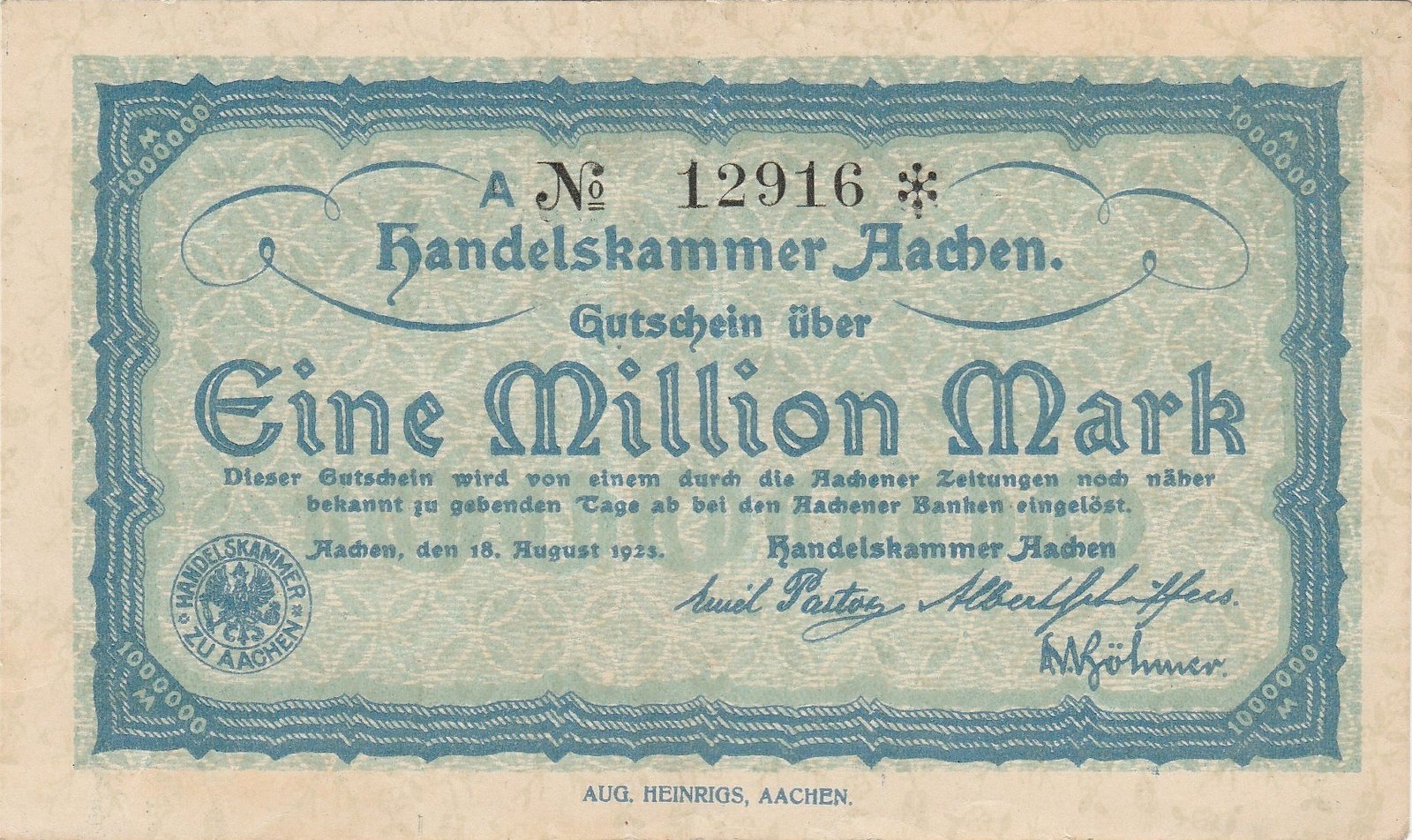 Аверс банкноты 1000000 марок Handelskammer; blue issue (Германия) 1923 года