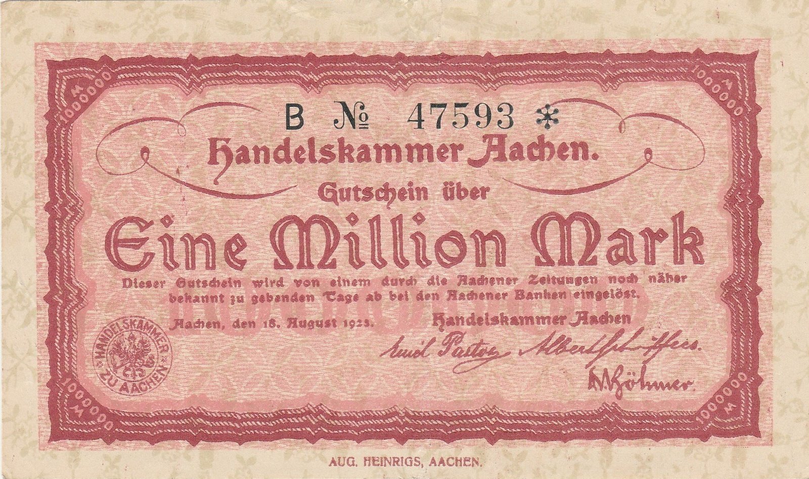 Аверс банкноты 1000000 марок Handelskammer; red issue (Германия) 1923 года