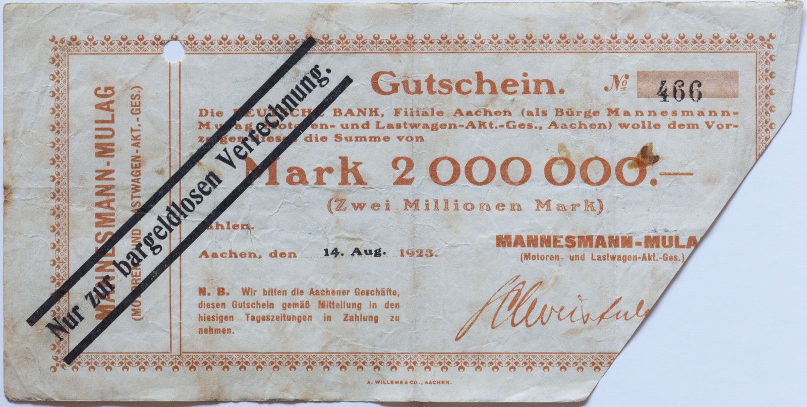 Аверс банкноты 2000000 марок Mannesmann-Mulag (Германия) 1923 года