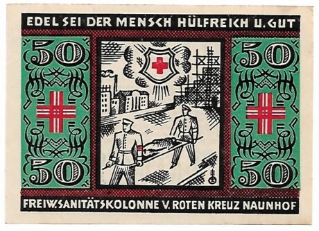 Реверс банкноты 50 пфеннигов Freiwillige Sanitätskolonne vom Roten Kreuz (Германия) 1921 года