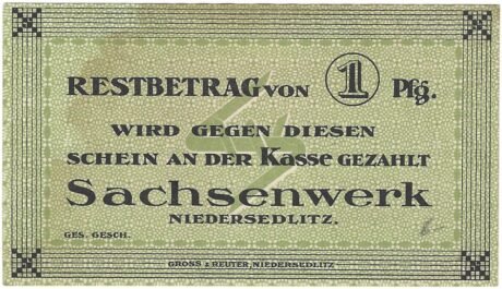 Аверс банкноты 1 пфеннигов Sachsenwerk (Германия) 1918 года