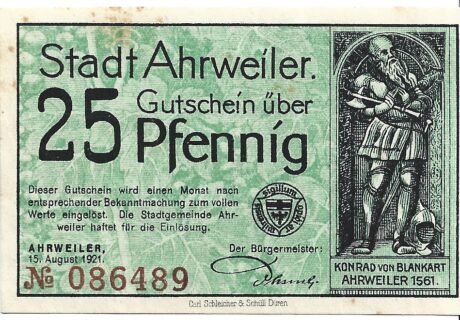 Аверс банкноты 25 fenigów zielona emisja (Niemcy) 1921