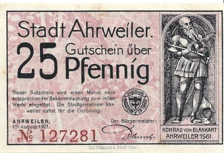 Аверс банкноты 25 fenigów redviolett (Niemcy) 1921