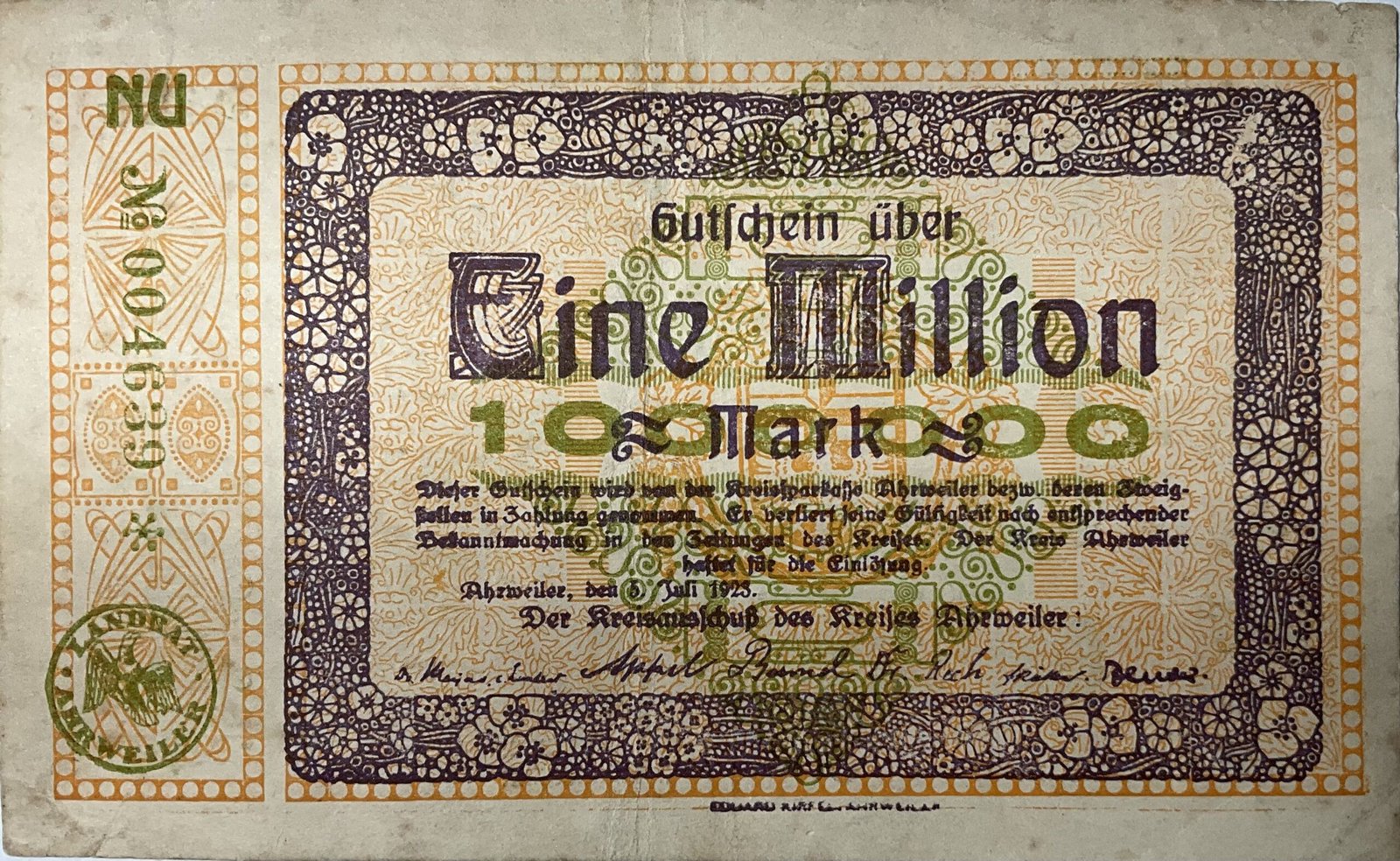 Аверс банкноты 1000000 марок (Германия) 1923 года