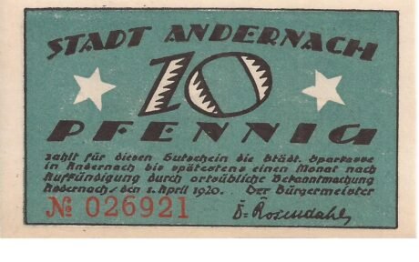 Аверс банкноты 10 fenigów (Niemcy) 1920