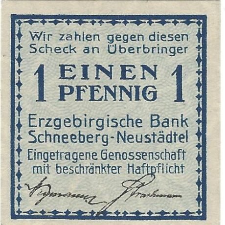 Аверс банкноты 1 fenig Erzgebirgische Bank (Niemcy) 1918